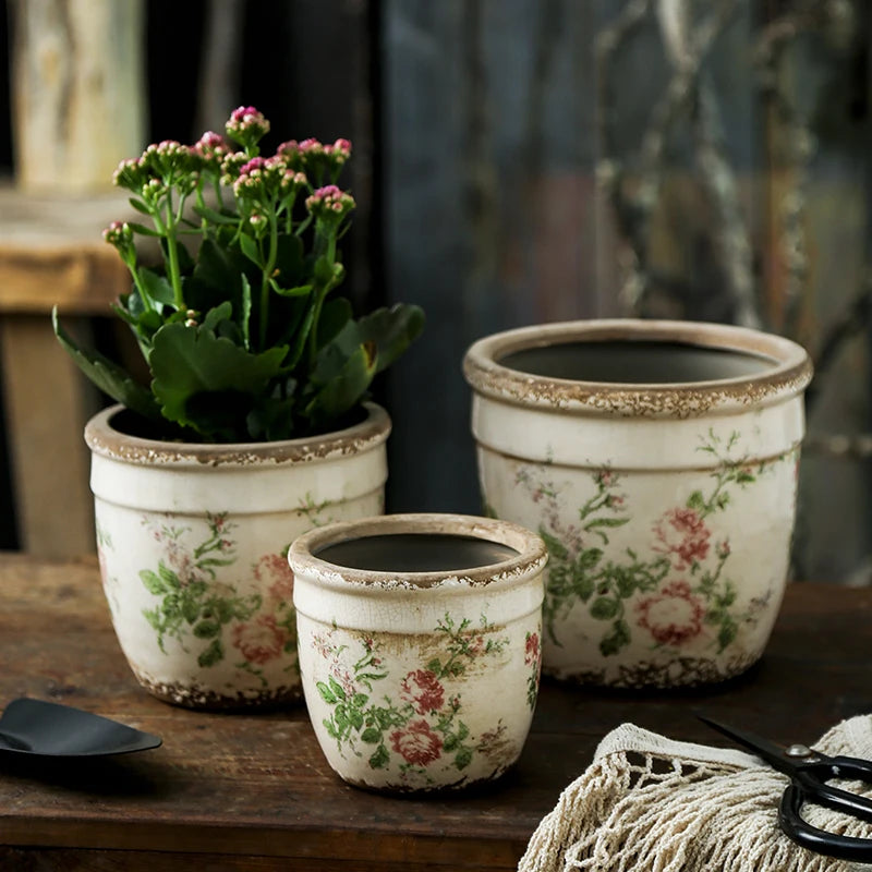 French Retro Vintage Pink Rose Ceramic Flower Pots Horticultural Flowers Green Plants Hydroponic Decorations