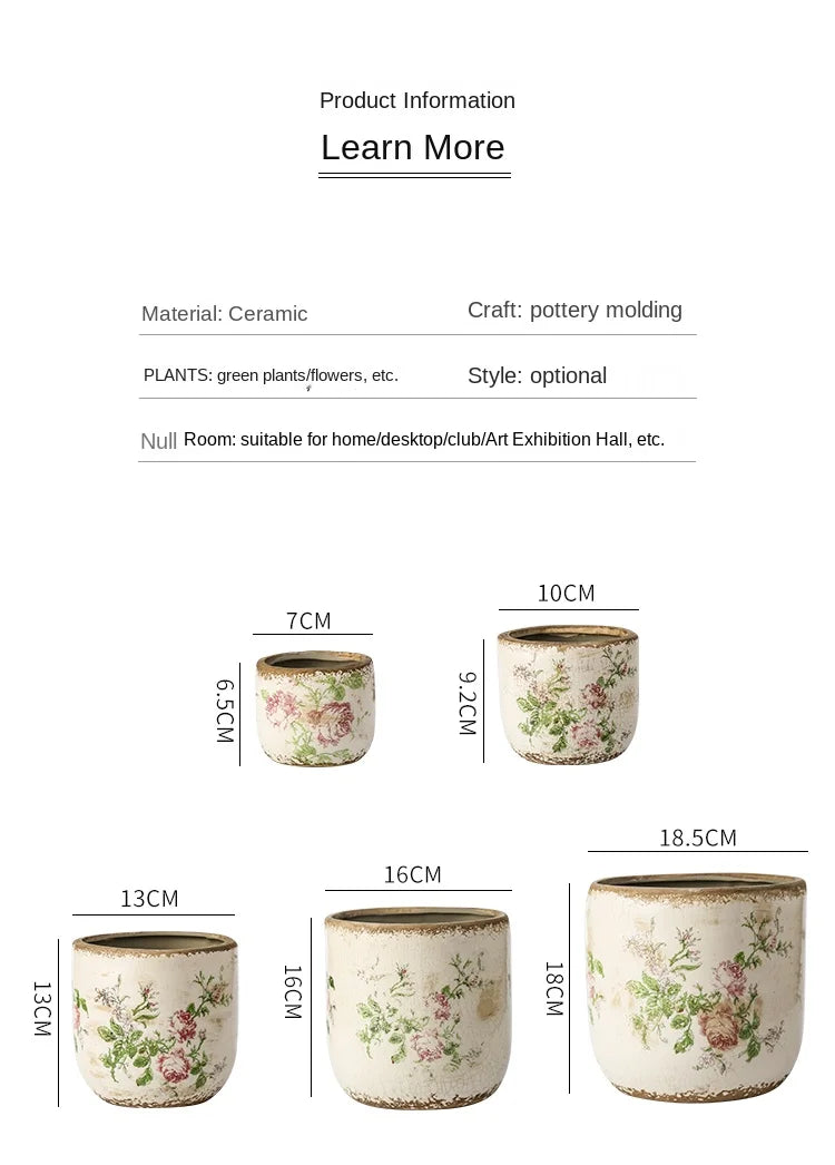 French Retro Vintage Pink Rose Ceramic Flower Pots Horticultural Flowers Green Plants Hydroponic Decorations