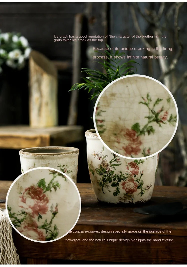 French Retro Vintage Pink Rose Ceramic Flower Pots Horticultural Flowers Green Plants Hydroponic Decorations