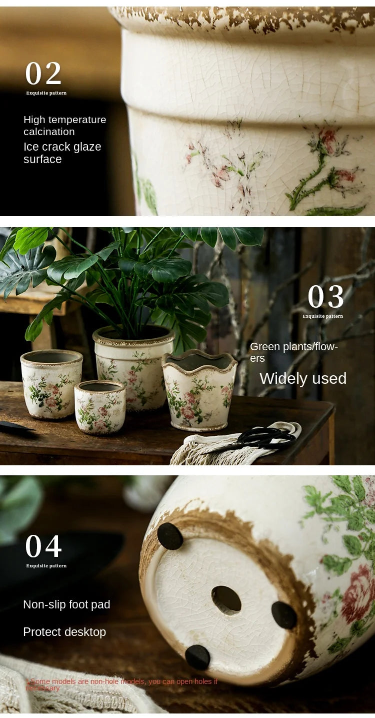 French Retro Vintage Pink Rose Ceramic Flower Pots Horticultural Flowers Green Plants Hydroponic Decorations