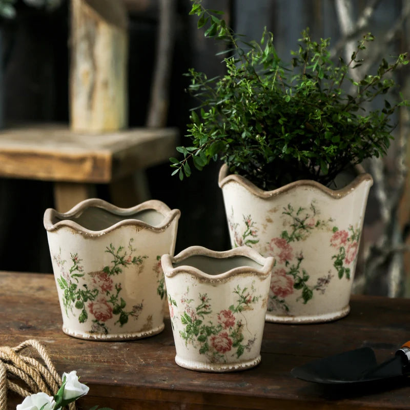 French Retro Vintage Pink Rose Ceramic Flower Pots Horticultural Flowers Green Plants Hydroponic Decorations