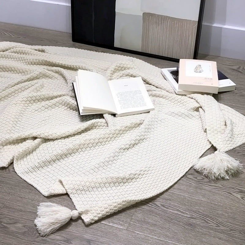 Solid Color Wool Knit Blanket with Tassel, Super Soft Bohemia Throw