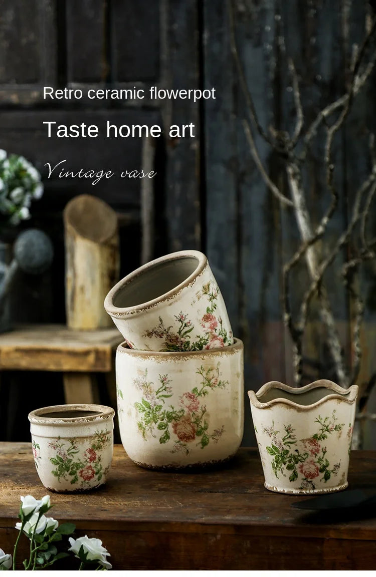 French Retro Vintage Pink Rose Ceramic Flower Pots Horticultural Flowers Green Plants Hydroponic Decorations