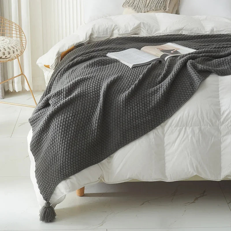 Solid Color Wool Knit Blanket with Tassel, Super Soft Bohemia Throw