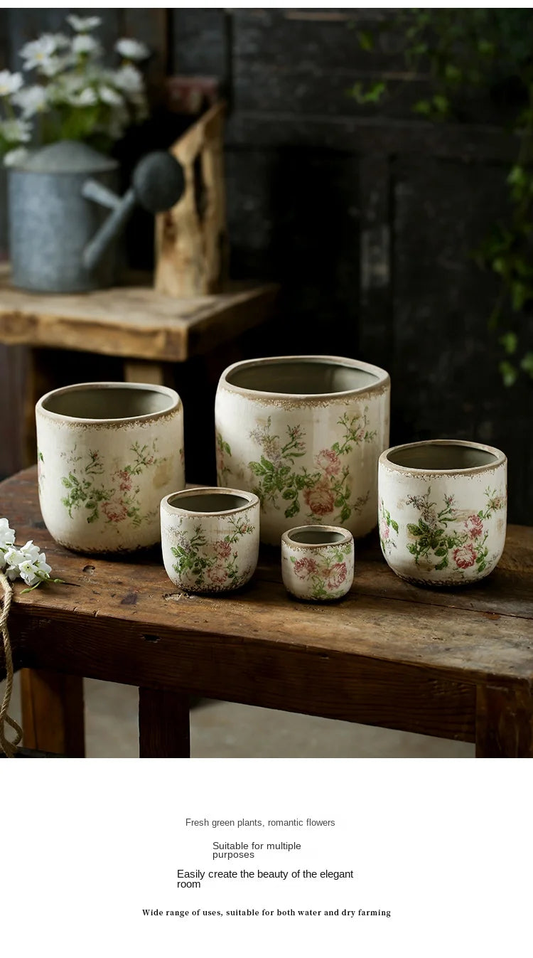 French Retro Vintage Pink Rose Ceramic Flower Pots Horticultural Flowers Green Plants Hydroponic Decorations