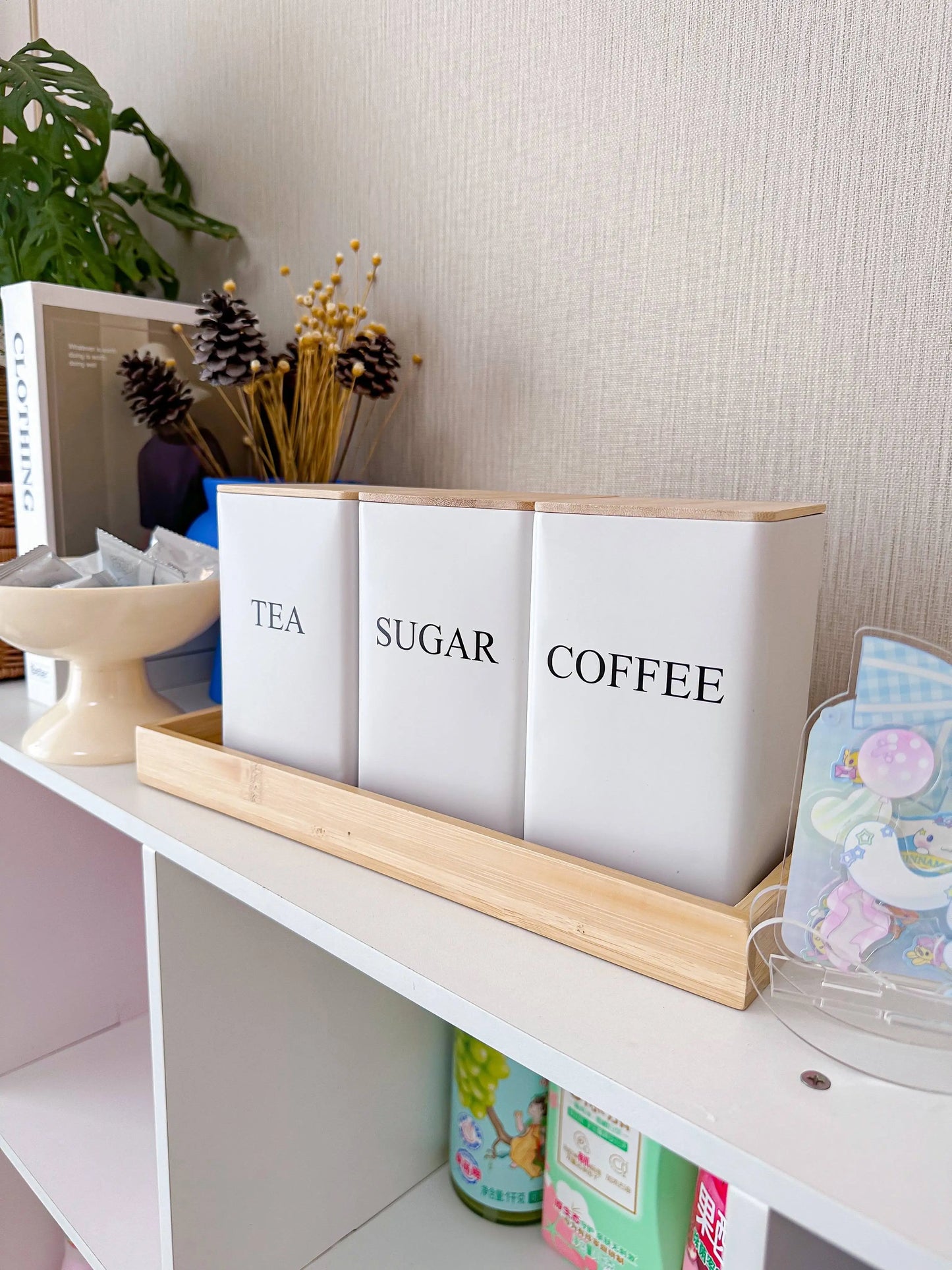 Tea Coffee Sugar Canisters,Kitchen Metal Storage Tins for Counter,Pantry Airtight Food Organizer, Bamboo Lid and Tray,Set of 3