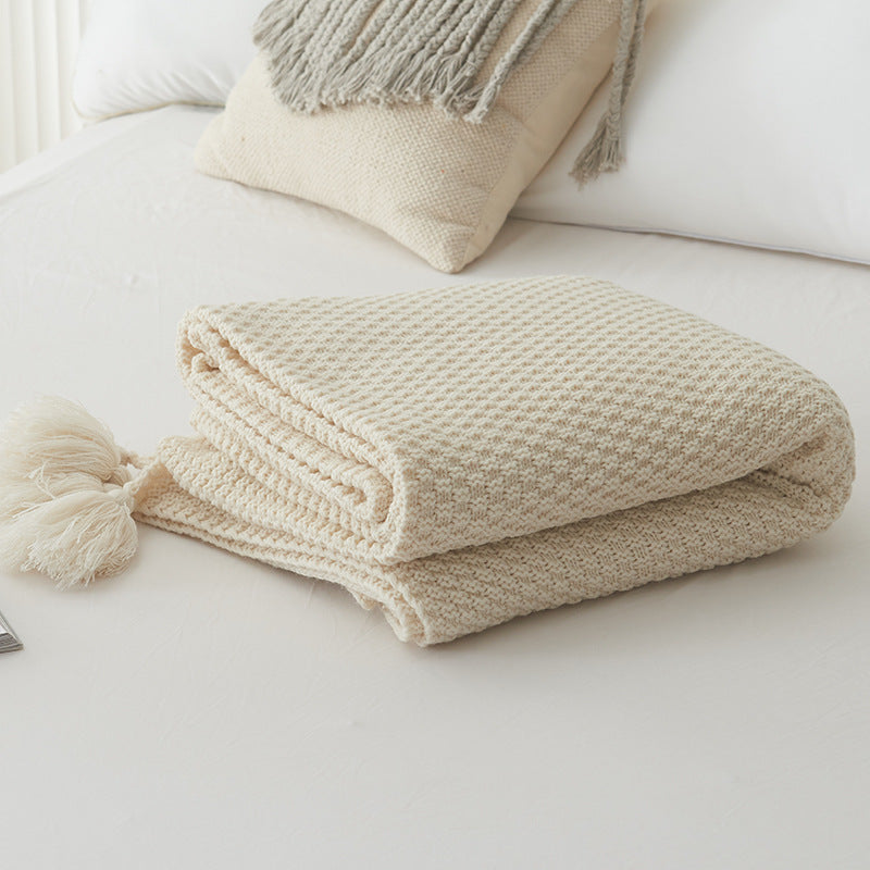 Solid Color Wool Knit Blanket with Tassel, Super Soft Bohemia Throw