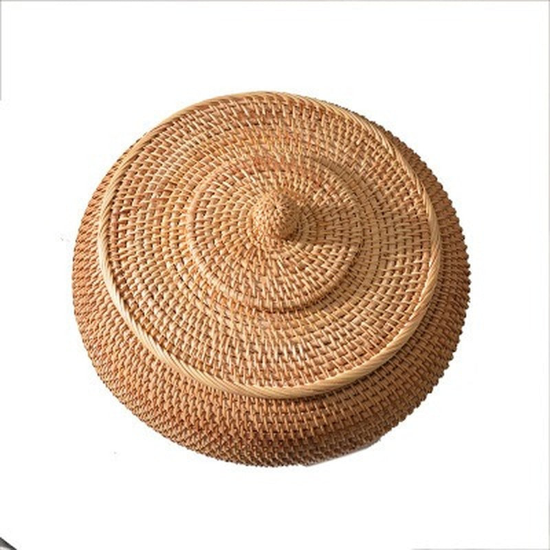 Round Rattan Boxes with Lid Hand-Woven Multi-Purpose Wicker Tray 11 Inch Picnic Food Bread Table Storage Basket WF