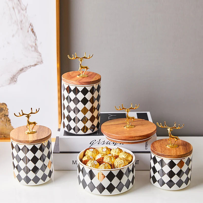 Ceramics Candy Jar Golden Deer Decorative Wooden Cover Home Food Sealed Can Kitchen Canister Sets Living Room Snack Storage Box