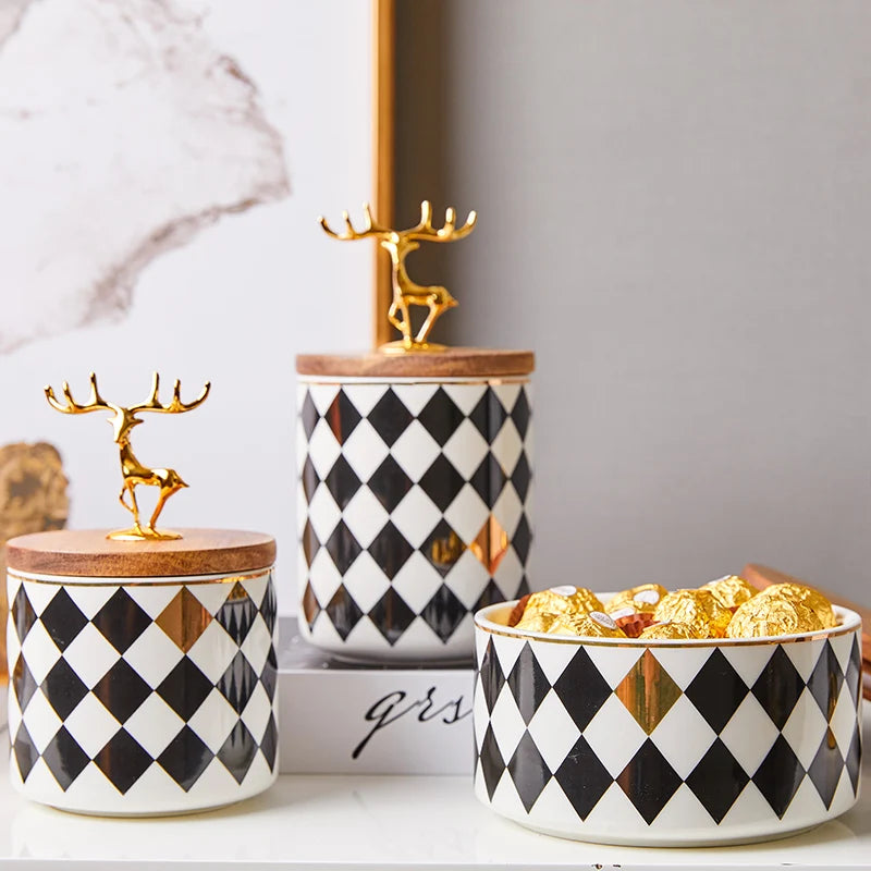 Ceramics Candy Jar Golden Deer Decorative Wooden Cover Home Food Sealed Can Kitchen Canister Sets Living Room Snack Storage Box