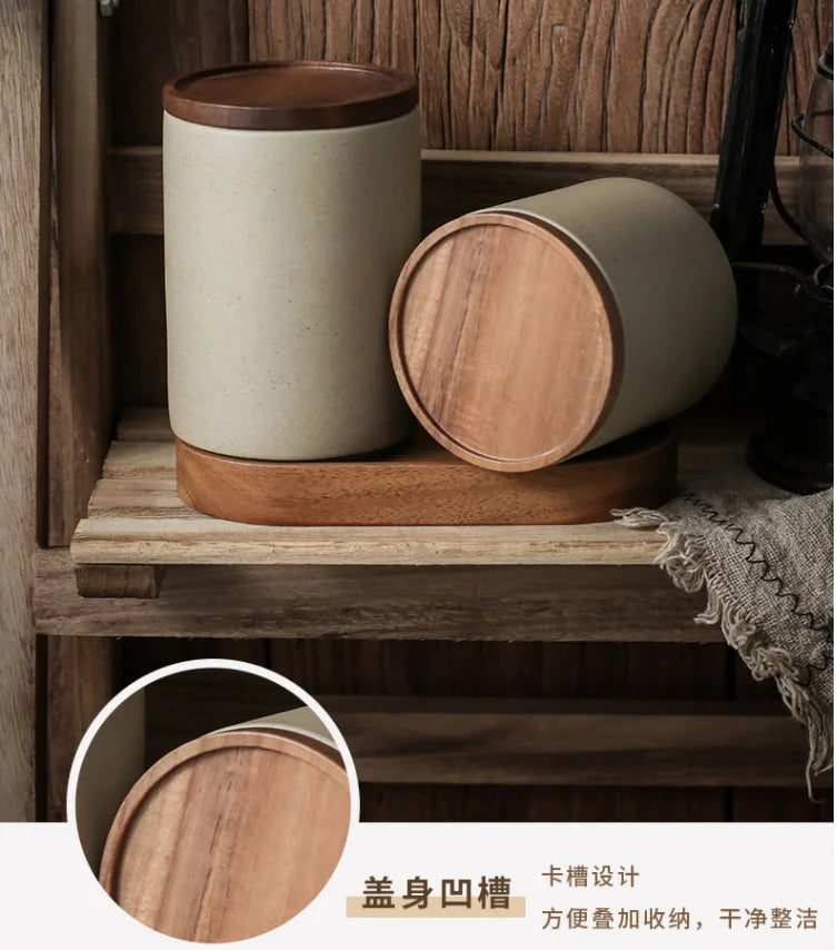 Ceramic Airtight Jar Tea Storage Tank Home Food Storage Containers Wooden Lid Seasoning Jar Kitchen Canister Sets Sugar Bowl