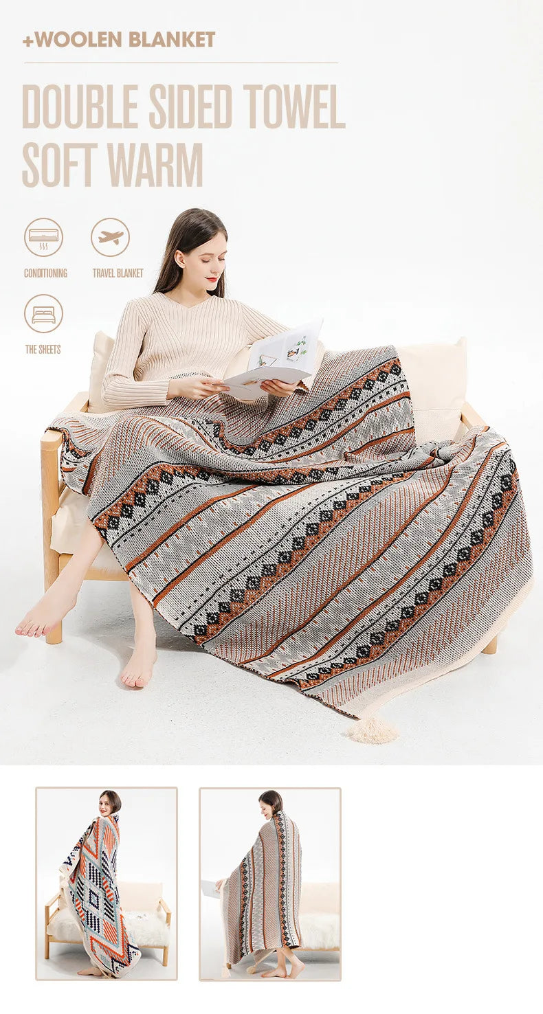 Boho Knit Blanket with Tassel Sofa Blanket Ethnic Wave Air Conditioner Blanket Napping Blanket Bed Spread Blankets for Beds