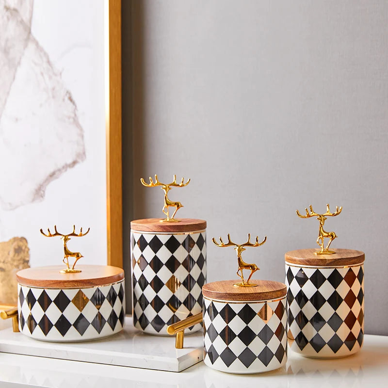 Ceramics Candy Jar Golden Deer Decorative Wooden Cover Home Food Sealed Can Kitchen Canister Sets Living Room Snack Storage Box