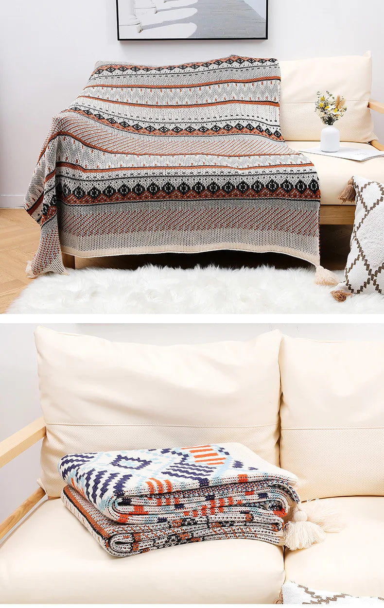 Boho Knit Blanket with Tassel Sofa Blanket Ethnic Wave Air Conditioner Blanket Napping Blanket Bed Spread Blankets for Beds