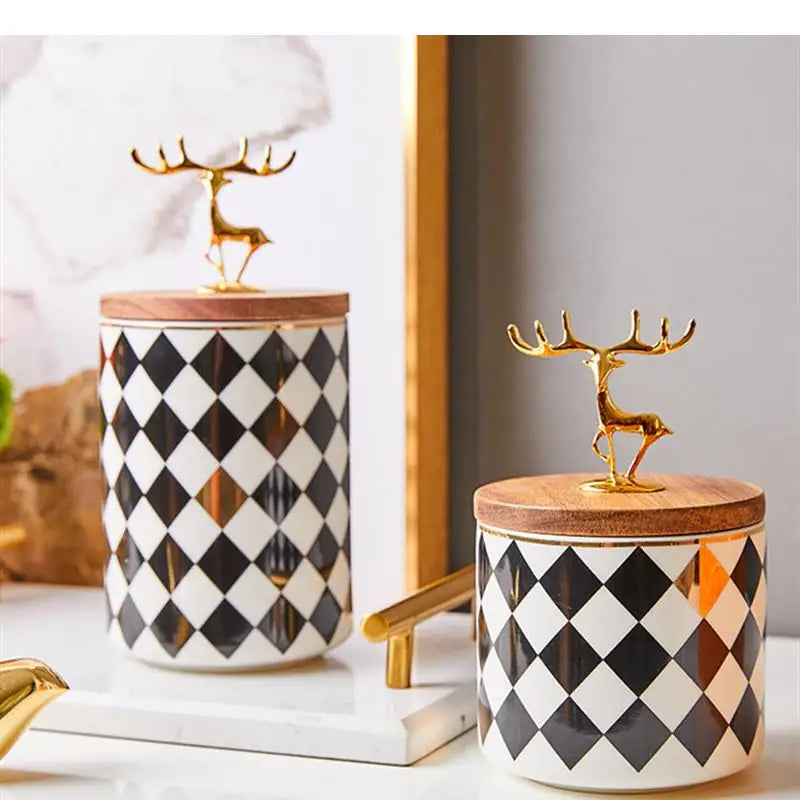 Ceramics Candy Jar Golden Deer Decorative Wooden Cover Home Food Sealed Can Kitchen Canister Sets Living Room Snack Storage Box