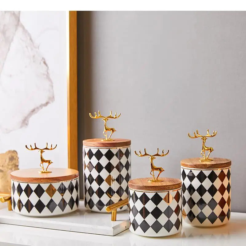 Ceramics Candy Jar Golden Deer Decorative Wooden Cover Home Food Sealed Can Kitchen Canister Sets Living Room Snack Storage Box