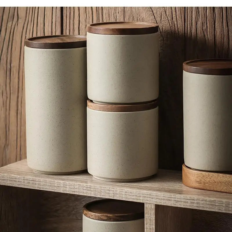 Ceramic Airtight Jar Tea Storage Tank Home Food Storage Containers Wooden Lid Seasoning Jar Kitchen Canister Sets Sugar Bowl