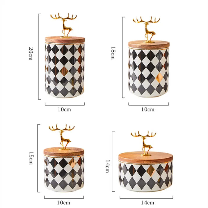 Ceramics Candy Jar Golden Deer Decorative Wooden Cover Home Food Sealed Can Kitchen Canister Sets Living Room Snack Storage Box