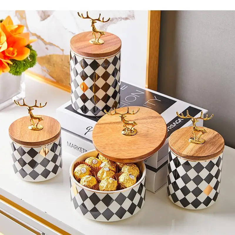 Ceramics Candy Jar Golden Deer Decorative Wooden Cover Home Food Sealed Can Kitchen Canister Sets Living Room Snack Storage Box