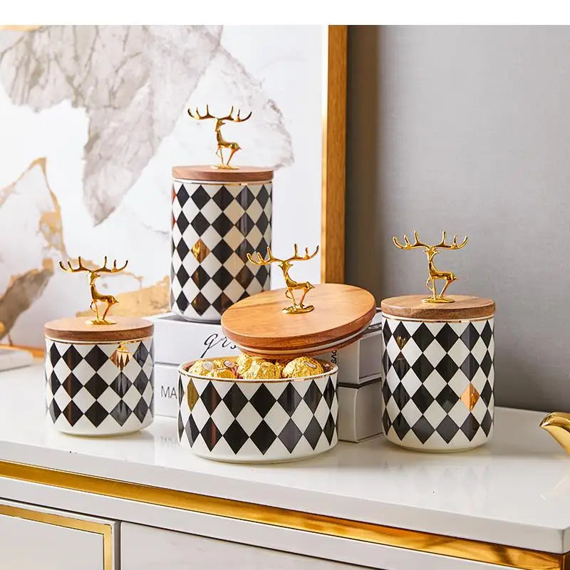 Ceramics Candy Jar Golden Deer Decorative Wooden Cover Home Food Sealed Can Kitchen Canister Sets Living Room Snack Storage Box