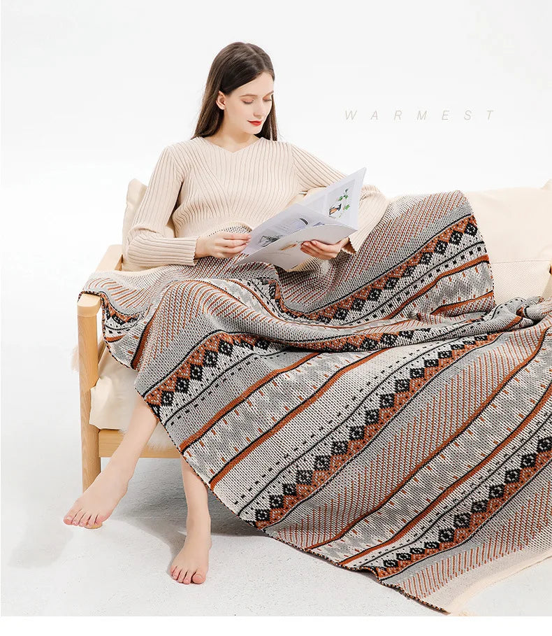 Boho Knit Blanket with Tassel Sofa Blanket Ethnic Wave Air Conditioner Blanket Napping Blanket Bed Spread Blankets for Beds