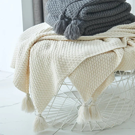 Solid Color Wool Knit Blanket with Tassel, Super Soft Bohemia Throw