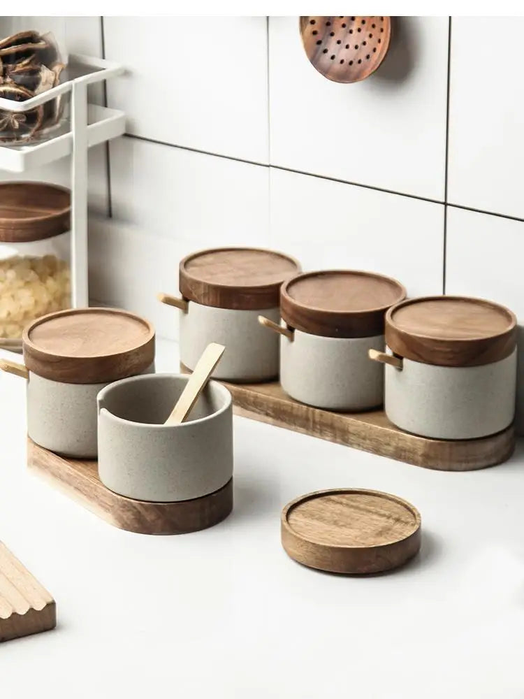 Ceramic Airtight Jar Tea Storage Tank Home Food Storage Containers Wooden Lid Seasoning Jar Kitchen Canister Sets Sugar Bowl