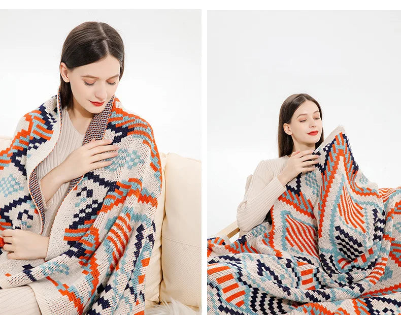 Boho Knit Blanket with Tassel Sofa Blanket Ethnic Wave Air Conditioner Blanket Napping Blanket Bed Spread Blankets for Beds