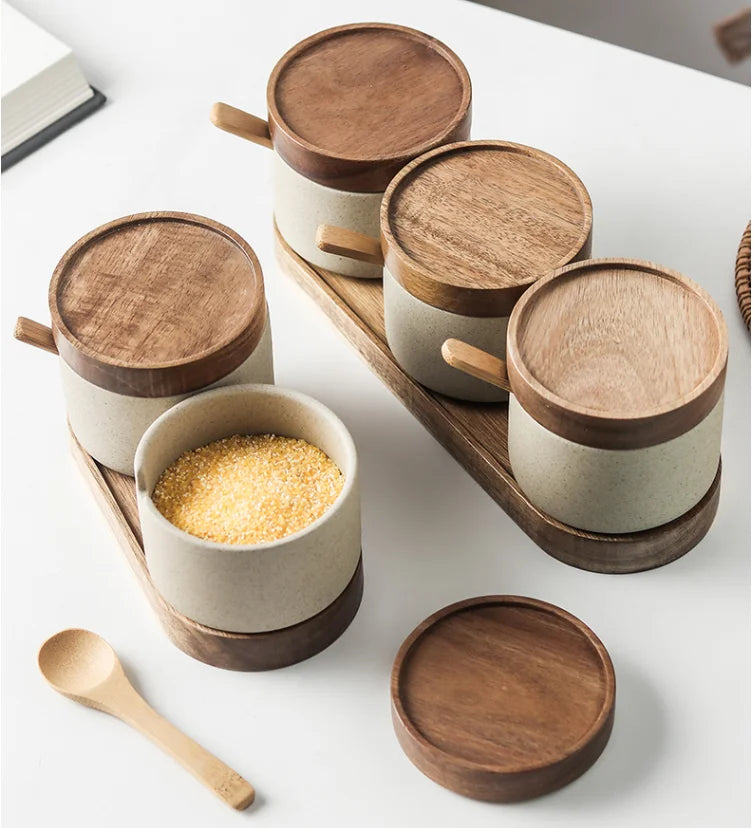 Ceramic Airtight Jar Tea Storage Tank Home Food Storage Containers Wooden Lid Seasoning Jar Kitchen Canister Sets Sugar Bowl