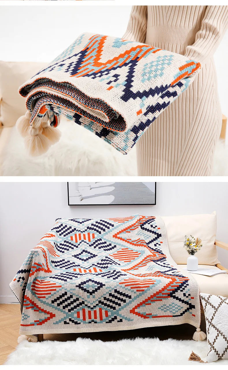 Boho Knit Blanket with Tassel Sofa Blanket Ethnic Wave Air Conditioner Blanket Napping Blanket Bed Spread Blankets for Beds