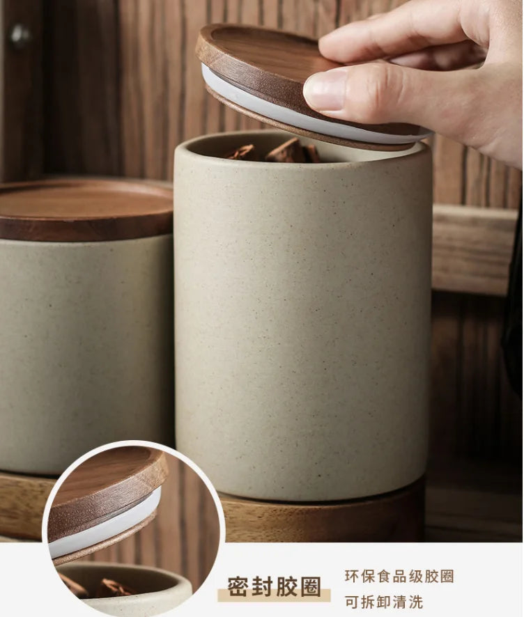 Ceramic Airtight Jar Tea Storage Tank Home Food Storage Containers Wooden Lid Seasoning Jar Kitchen Canister Sets Sugar Bowl