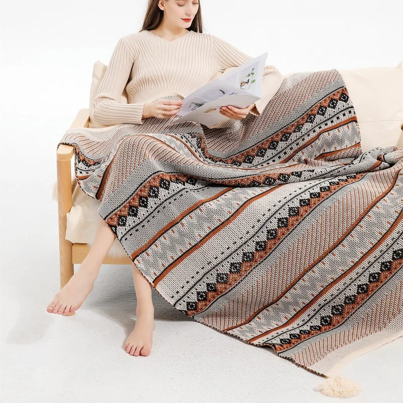 Boho Knit Blanket with Tassel Sofa Blanket Ethnic Wave Air Conditioner Blanket Napping Blanket Bed Spread Blankets for Beds