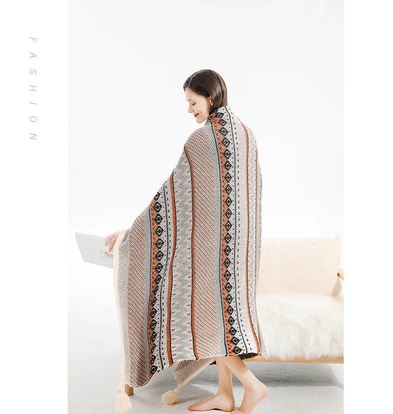 Boho Knit Blanket with Tassel Sofa Blanket Ethnic Wave Air Conditioner Blanket Napping Blanket Bed Spread Blankets for Beds