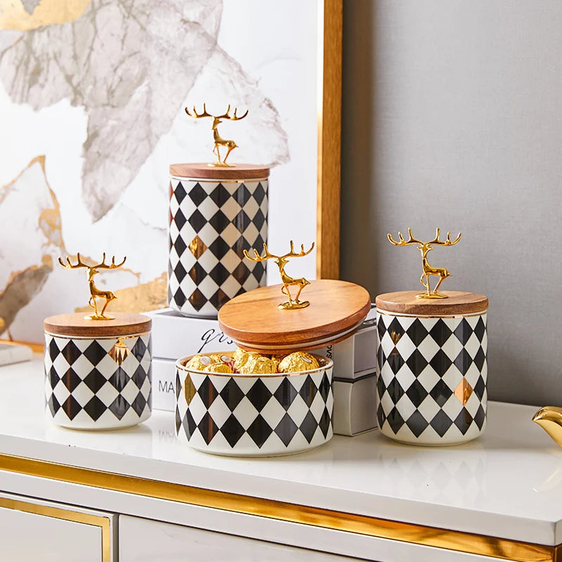 Ceramics Candy Jar Golden Deer Decorative Wooden Cover Home Food Sealed Can Kitchen Canister Sets Living Room Snack Storage Box