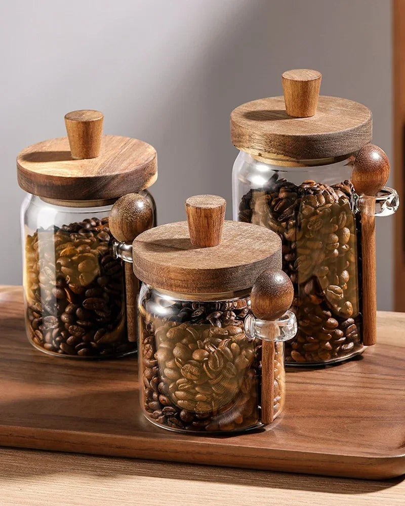 3Pcs Glass Canister with Wood Spoon