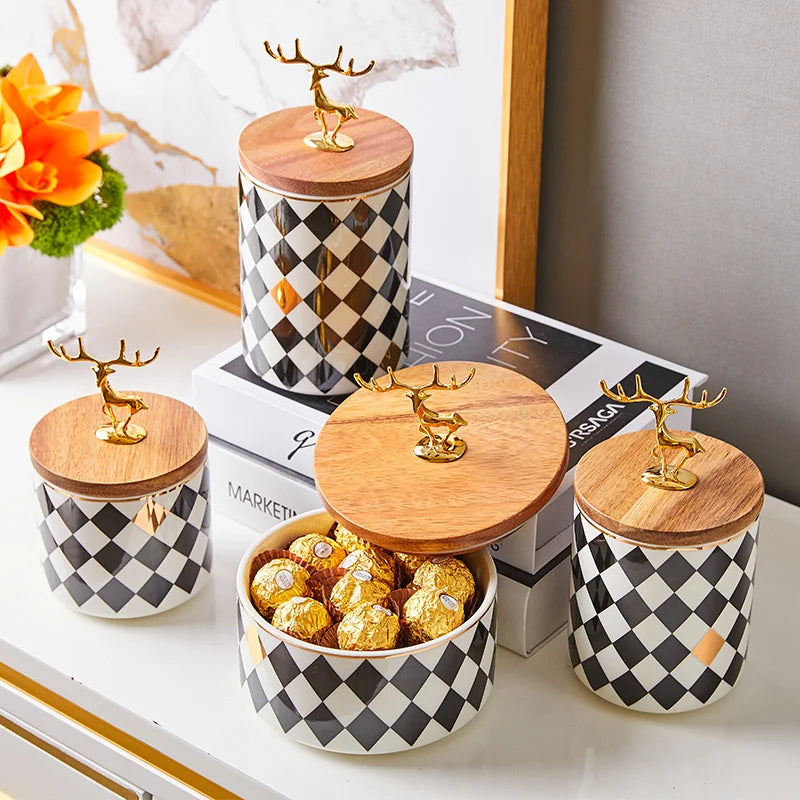 Ceramics Candy Jar Golden Deer Decorative Wooden Cover Home Food Sealed Can Kitchen Canister Sets Living Room Snack Storage Box