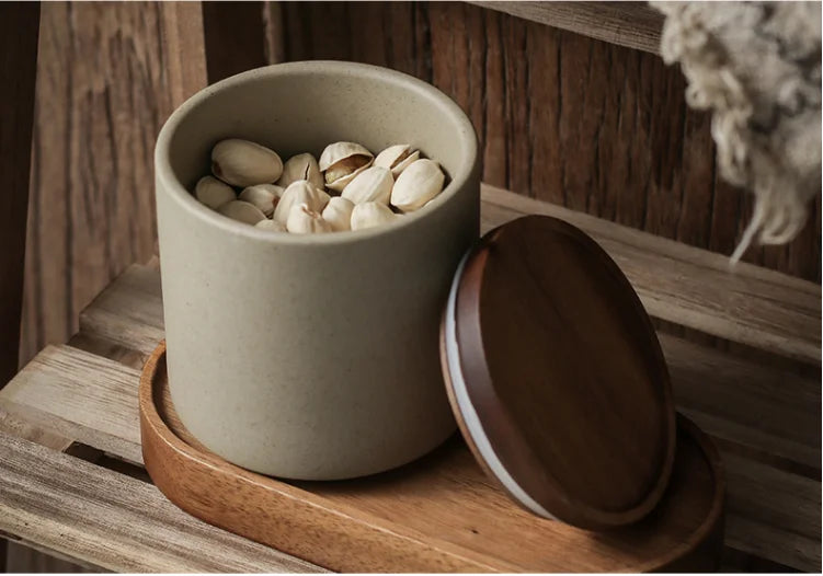 Ceramic Airtight Jar Tea Storage Tank Home Food Storage Containers Wooden Lid Seasoning Jar Kitchen Canister Sets Sugar Bowl